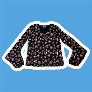 Vintage Y2K Style & Co Bell Sleeve Floral Top Medium Ruffle V-Neck Blouse Retro